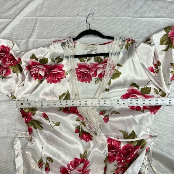 Vintage White Pink Rose Lace Trim Short Robe with Belt - Picture 3 of 7